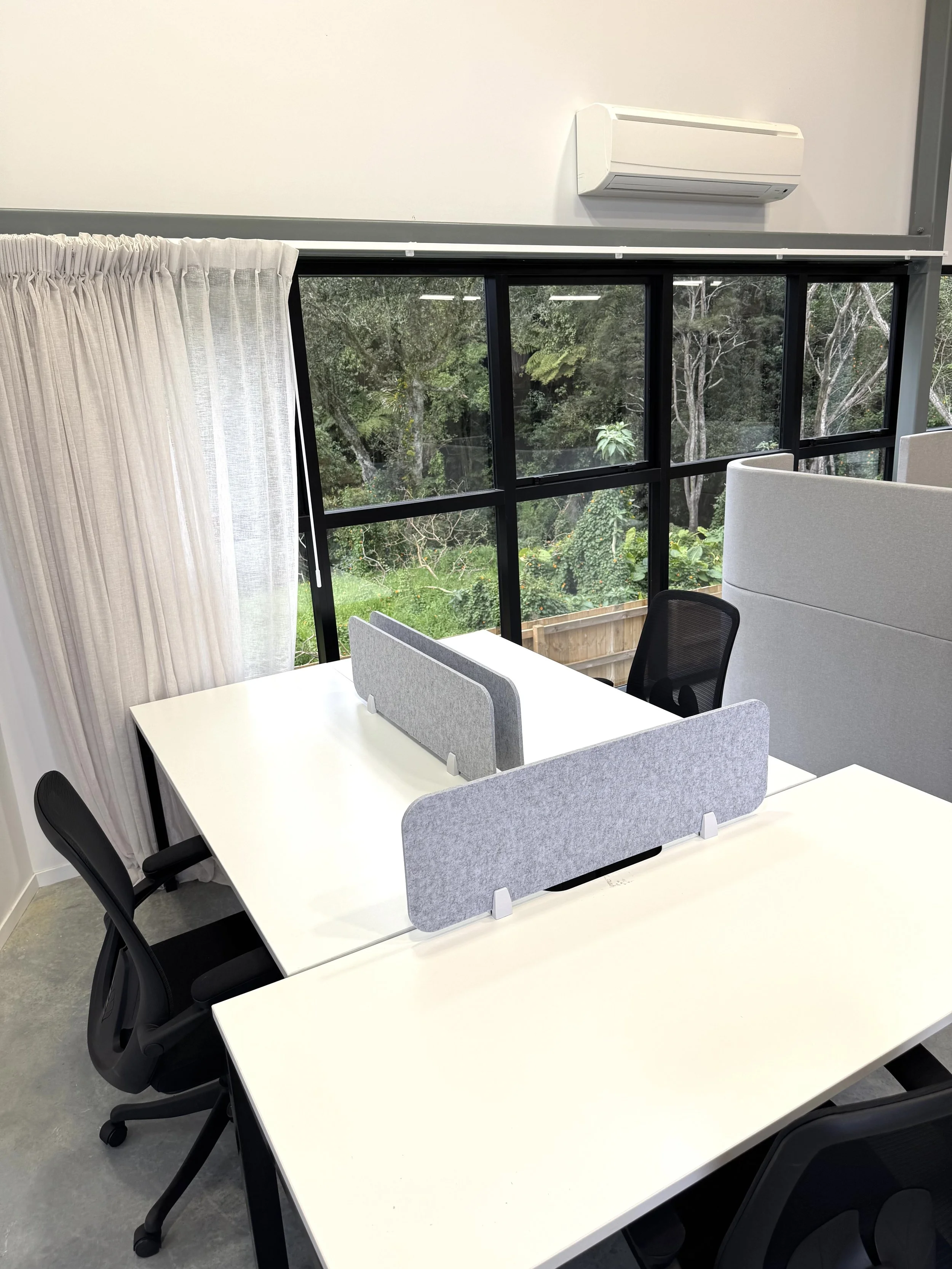 View through glass wall showing an indoor space with chairs, a rug, a potted plant, and a person working at a table.