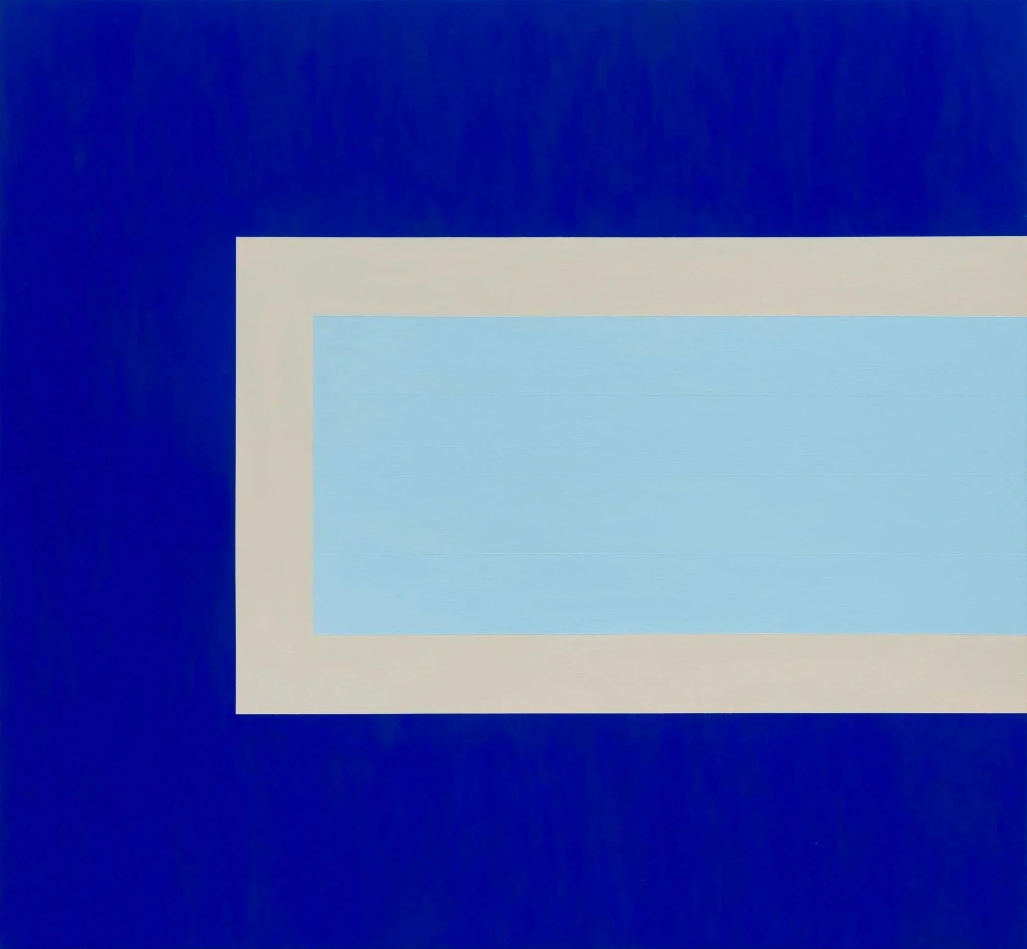 Minimal abstract painting with layered rectangles in shades of blue, beige, and light blue.
