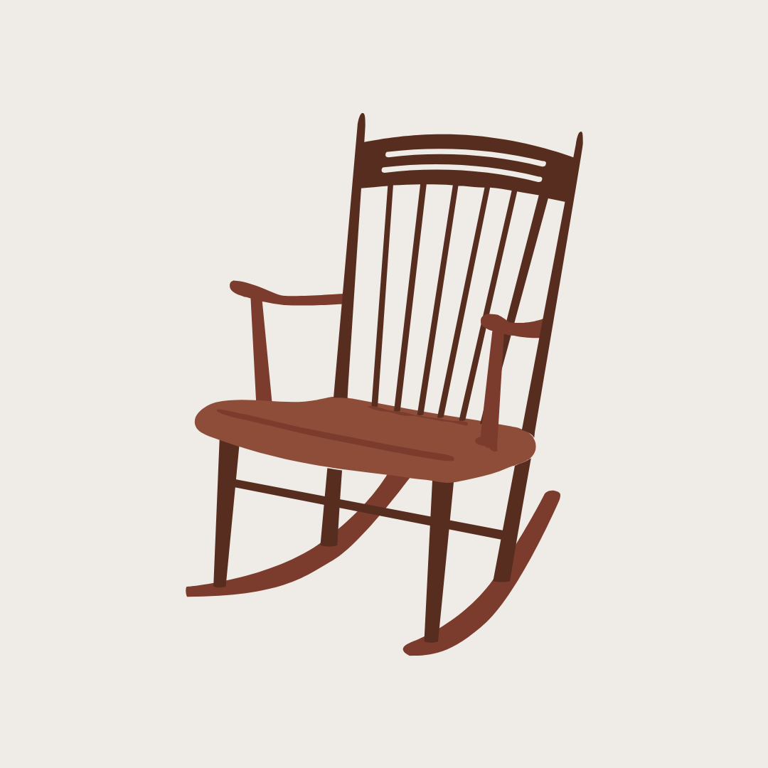 Illustration of a wooden rocking chair with a high back and armrests, set against a plain background.