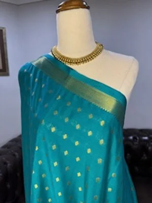 Premium Mysoor Silk Saree(beautiful light blue, navy blue and gold)