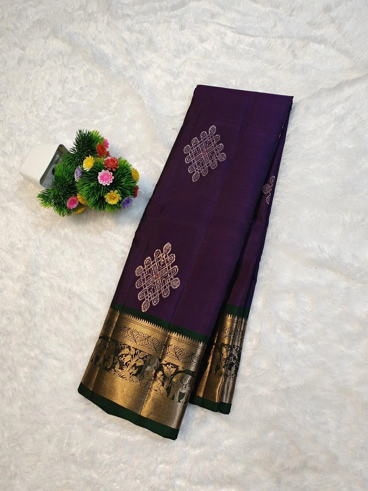 Kanchipuram silk saree(purple and gold with running blouse. grand pallu and, thick border. )