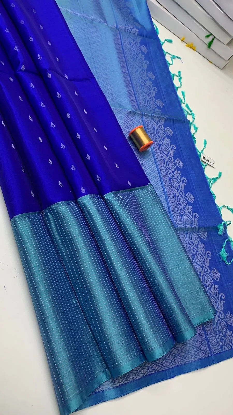 Pure Kanchipuram soft silk saree(deep blue ,sky blue with silver zari. )