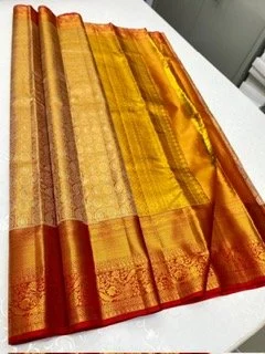 Pure Kanchipuram handloom bridal silk saree (mustard, orange and gold with grand pallu and grand border)