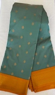 Premium Silk Saree(sage green, orange and gold)