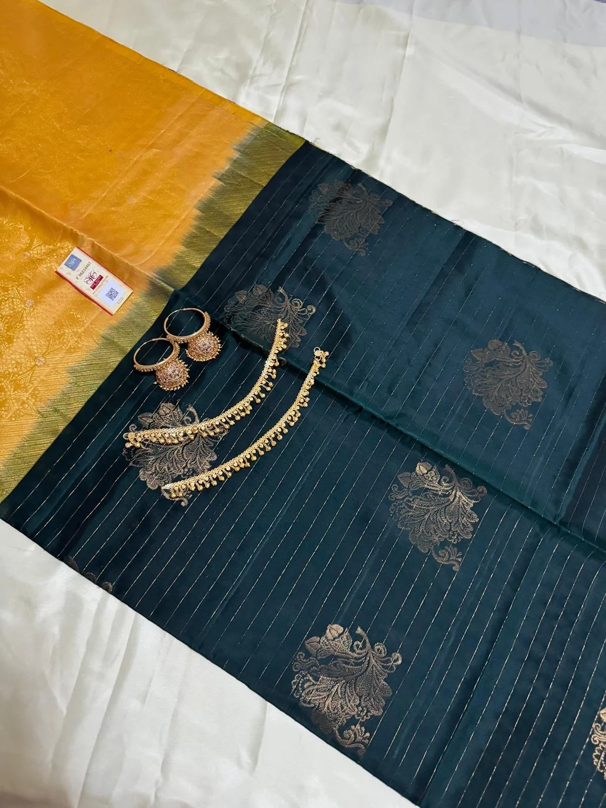 Pure Kanchipuram soft silk saree (dark green, yellow, gold)