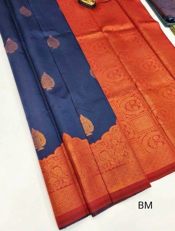 Premium Silk Saree(dark blue, orange and gold)