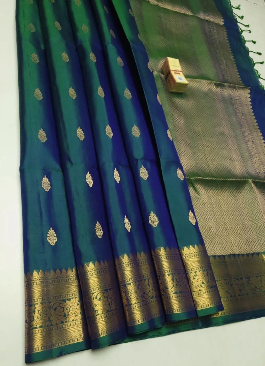 Pure Kanchipuram soft silk saree (peacock blue and gold)