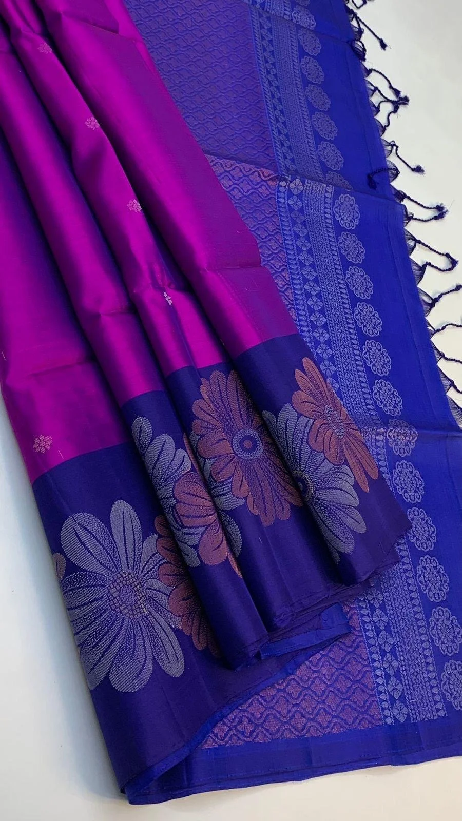 Pure Kanchipuram soft silk saree (magenta ,blue, gold, silver and copper)