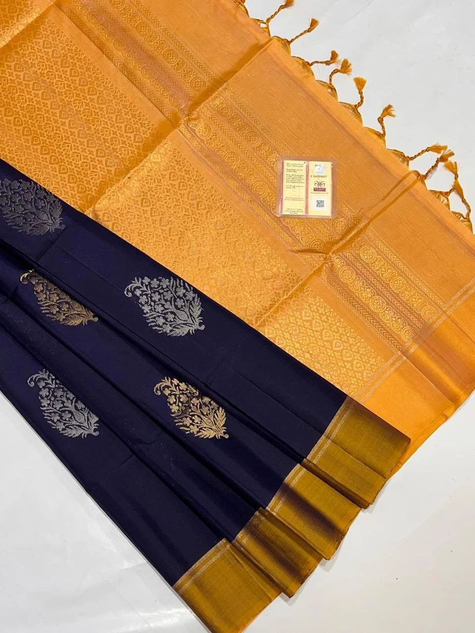 Pure Kanchipuram soft silk saree(navy blue ,yellow and gold  )