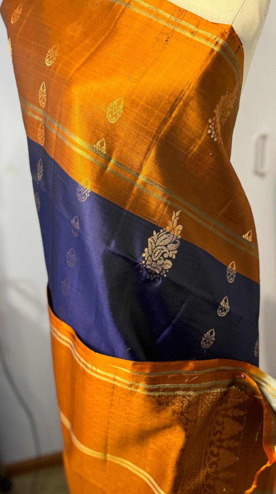 Pure Kanchipuram soft silk saree (dark blue, mustard/gold/orange with gold zari)