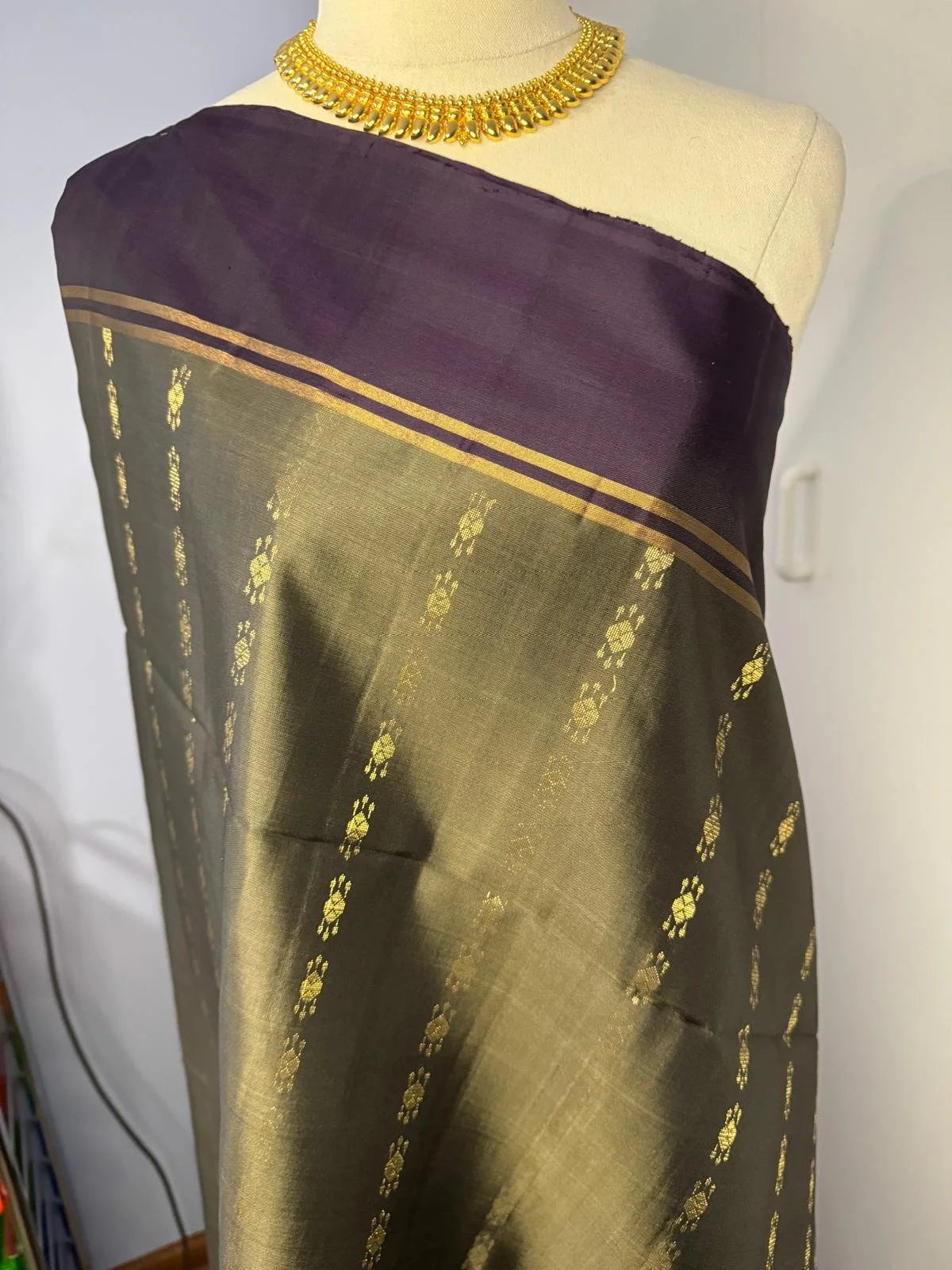 Pure Kanchipuram soft silk saree (forest green, dark purple and gold)