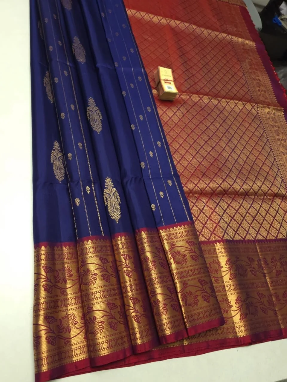 Pure Kanchipuram soft silk saree (dark blue, red and gold)