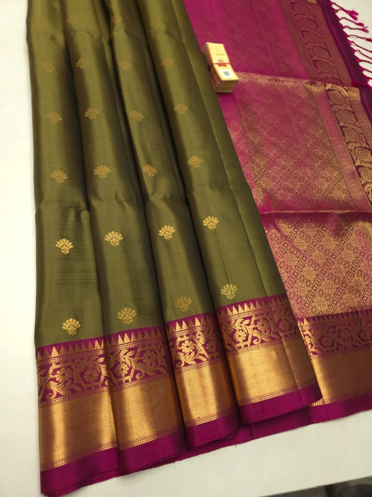 Pure Kanchipuram soft silk saree (olive green, magenta, gold)