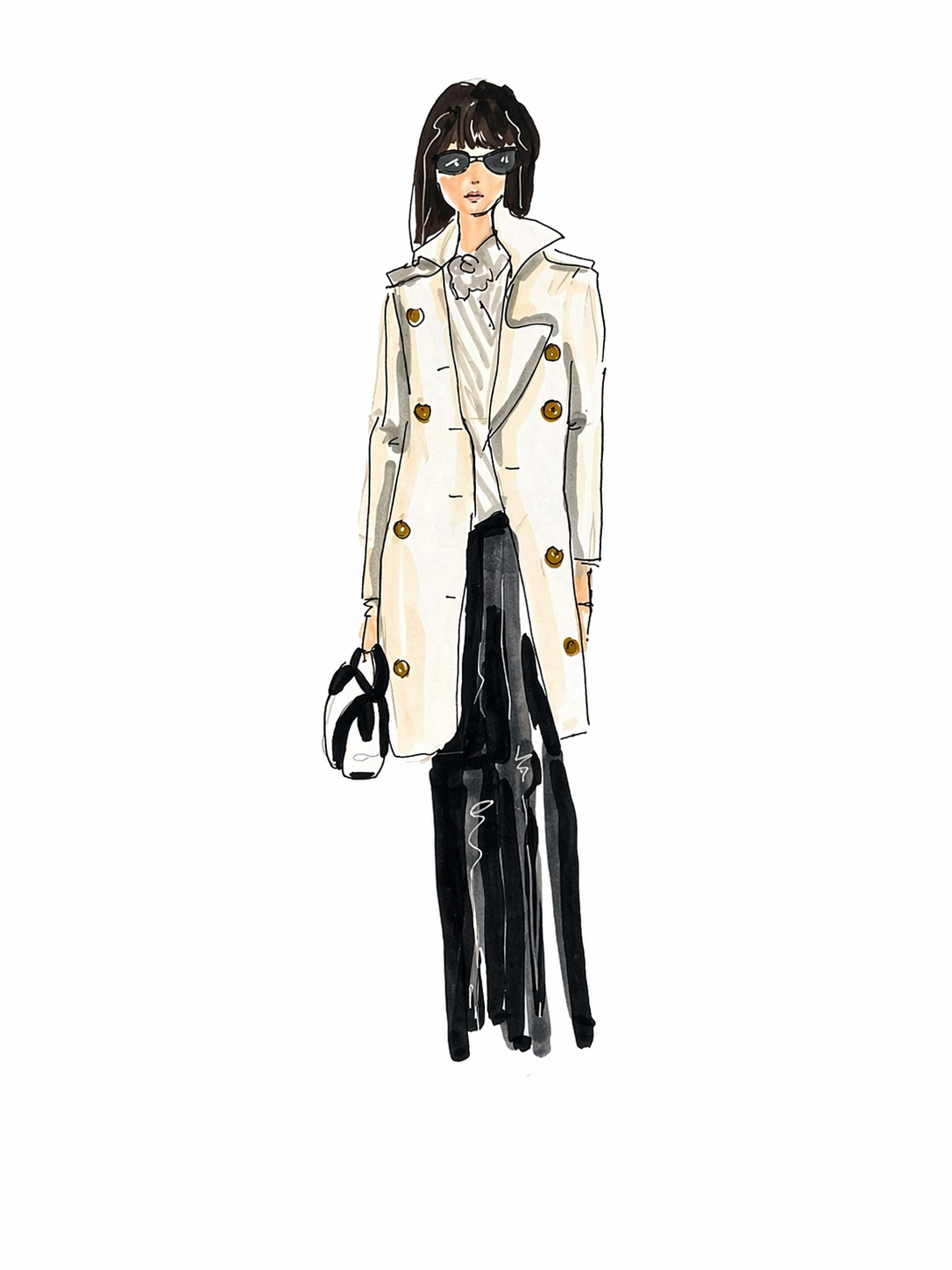 Fashion Illustration Model Pose Trench Coat Water colour alcohol markers
