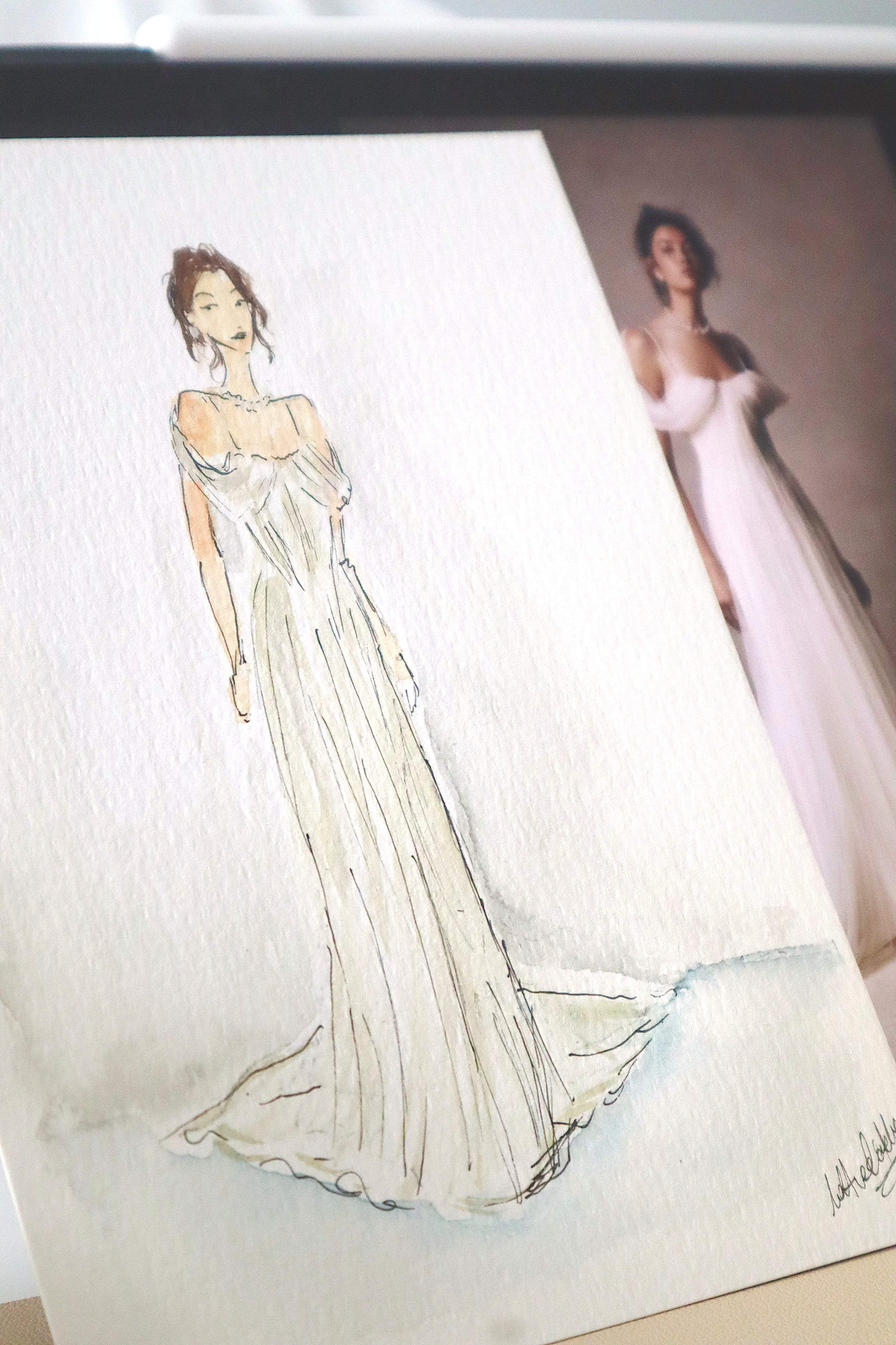Bridal Wedding Dress Water colour sketch Illustration 