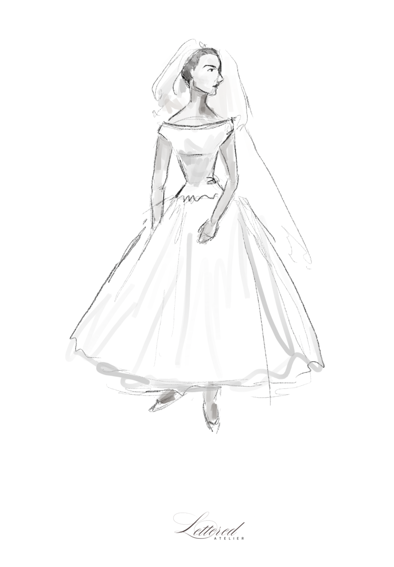 Audrey hepburn bridal wedding dress illustration sketch