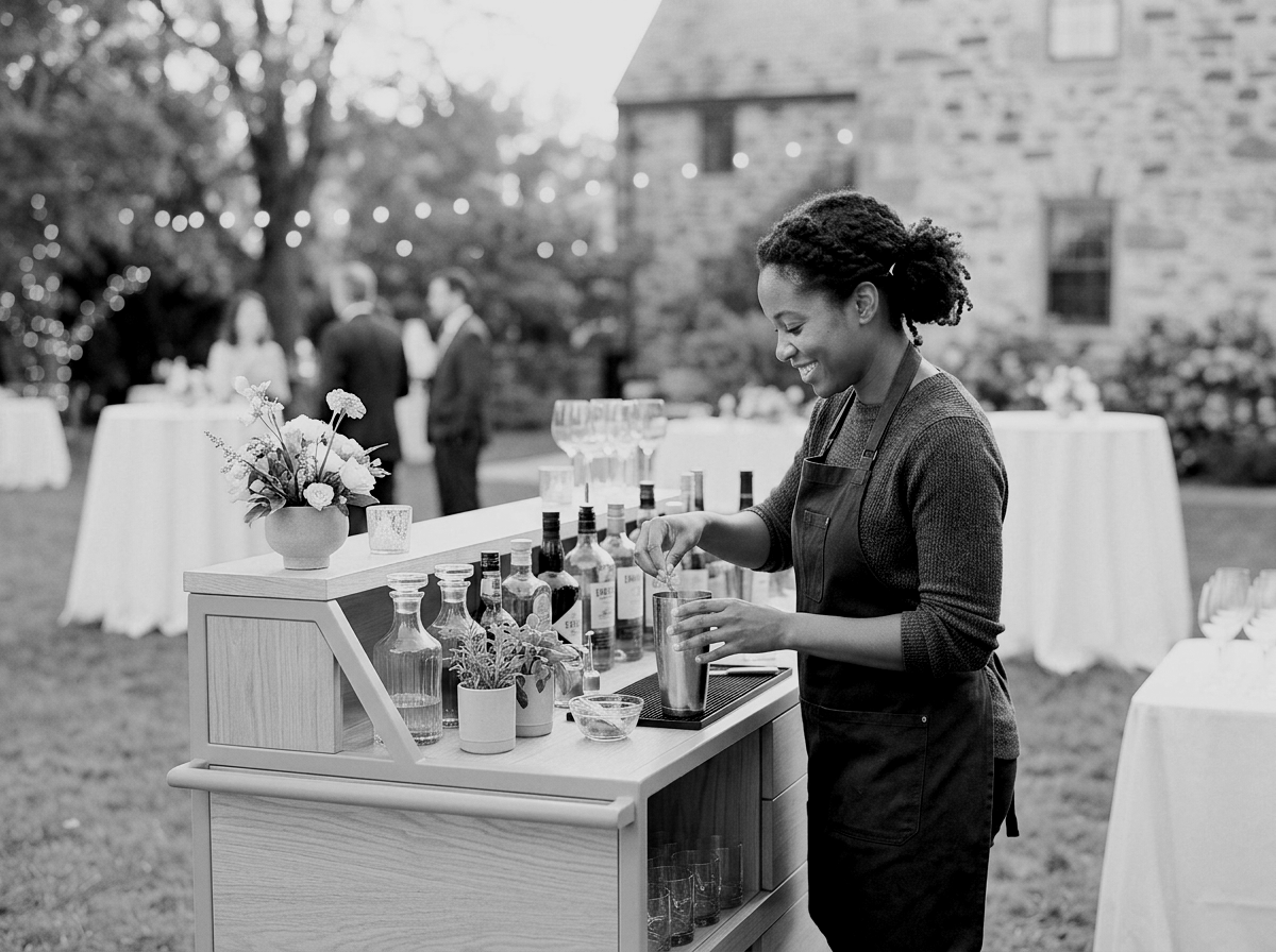 A woman with curly hair wearing an apron preparing a cocktail at an outdoor event, with tables, flowers, and other guests in the background.