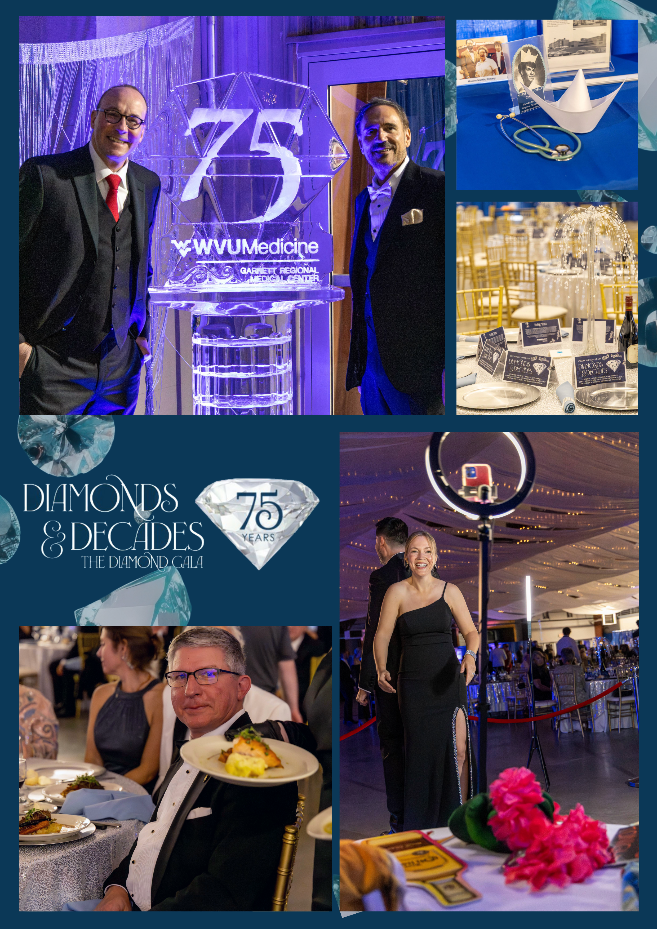 Celebration event at WVU Medicine for their 75th anniversary, featuring formal attire, decorated tables, and people enjoying the banquet with a backdrop of twinkling lights and a stage.