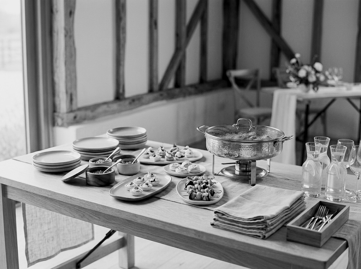 A buffet table set with plates, bowls, utensils, a hot serving dish, and various appetizers and desserts, in a rustic dining space.