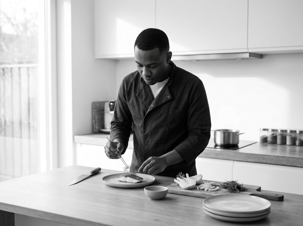 A man in a kitchen preparing a dish, using tweezers to carefully place food on a plate.