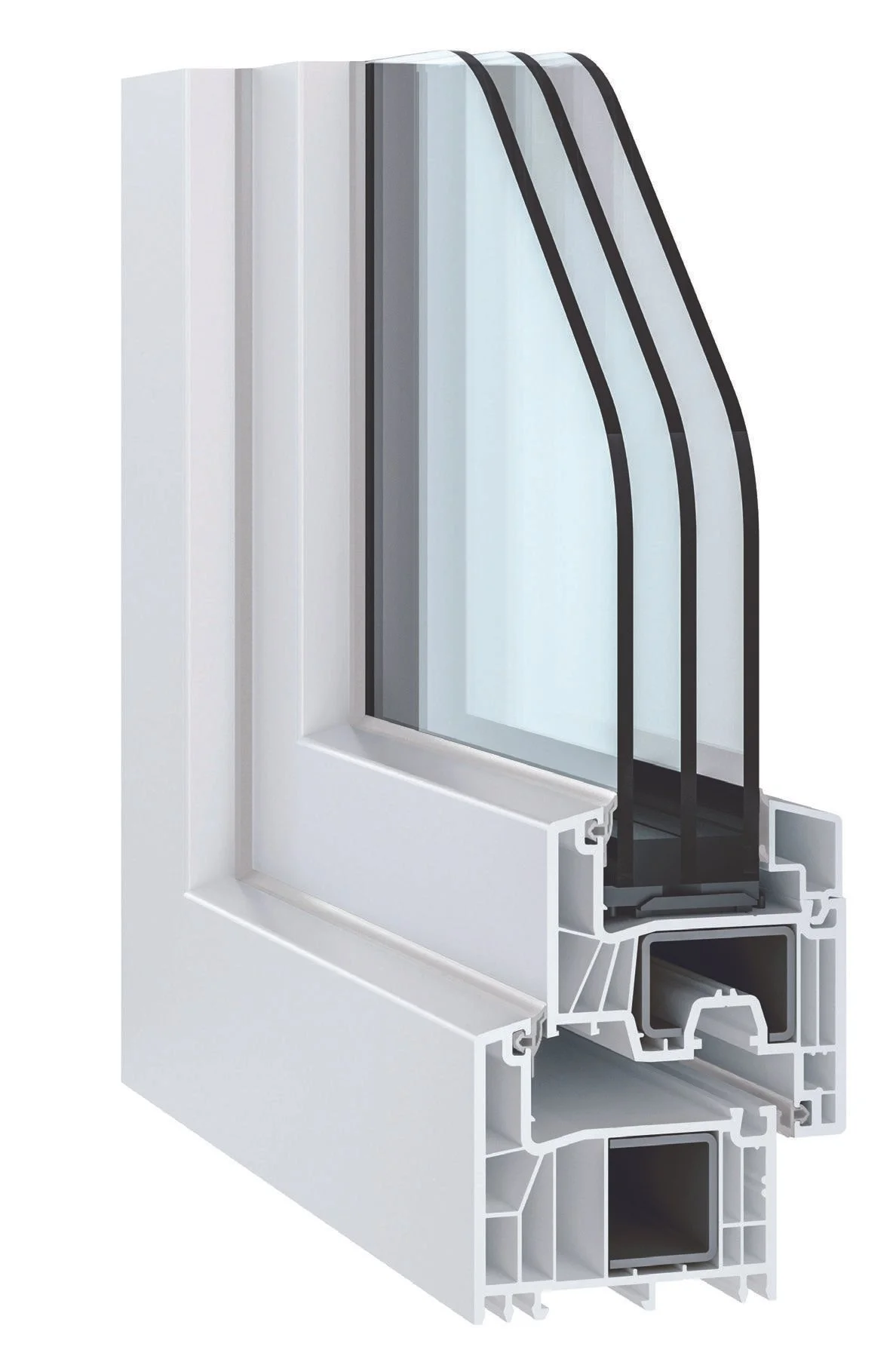 Profilo di una finestra a triplo vetro con struttura in PVC.