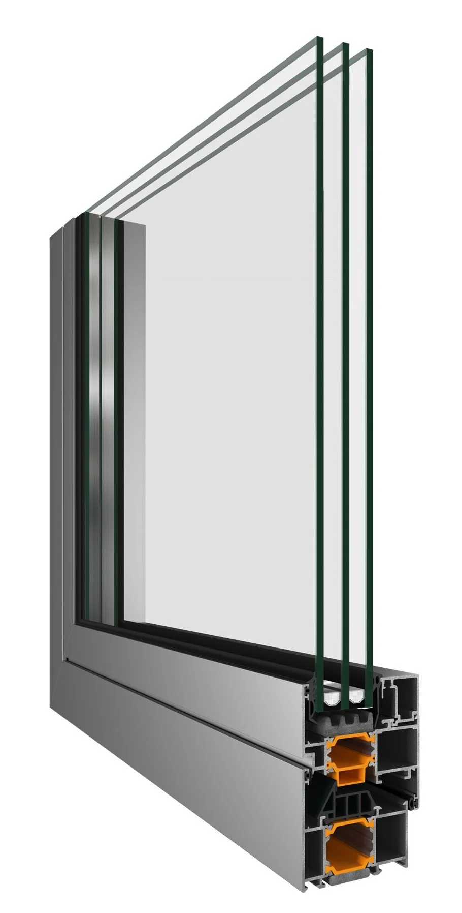 Sezione trasversale di un infisso in alluminio con triplo vetro isolante.