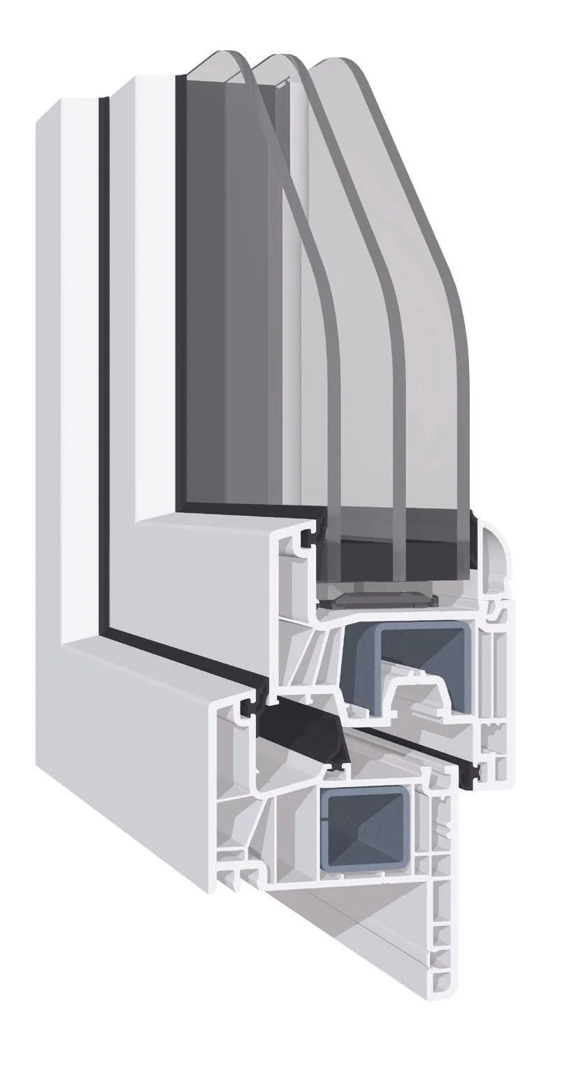 Sezione trasversale di un infisso in PVC con vetrocamera tripla.