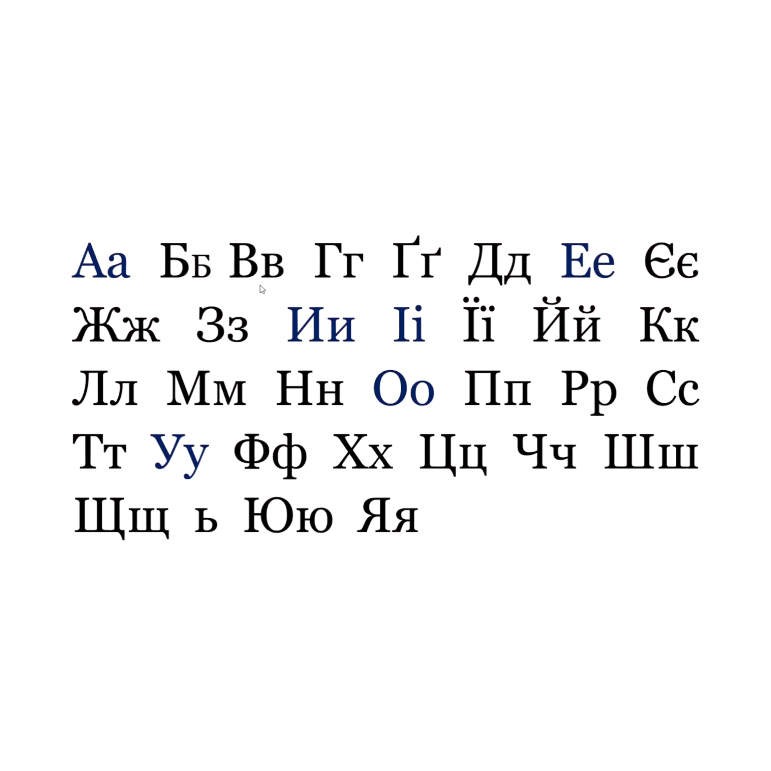 Cyrillic alphabet chart with vowels highlighted in blue