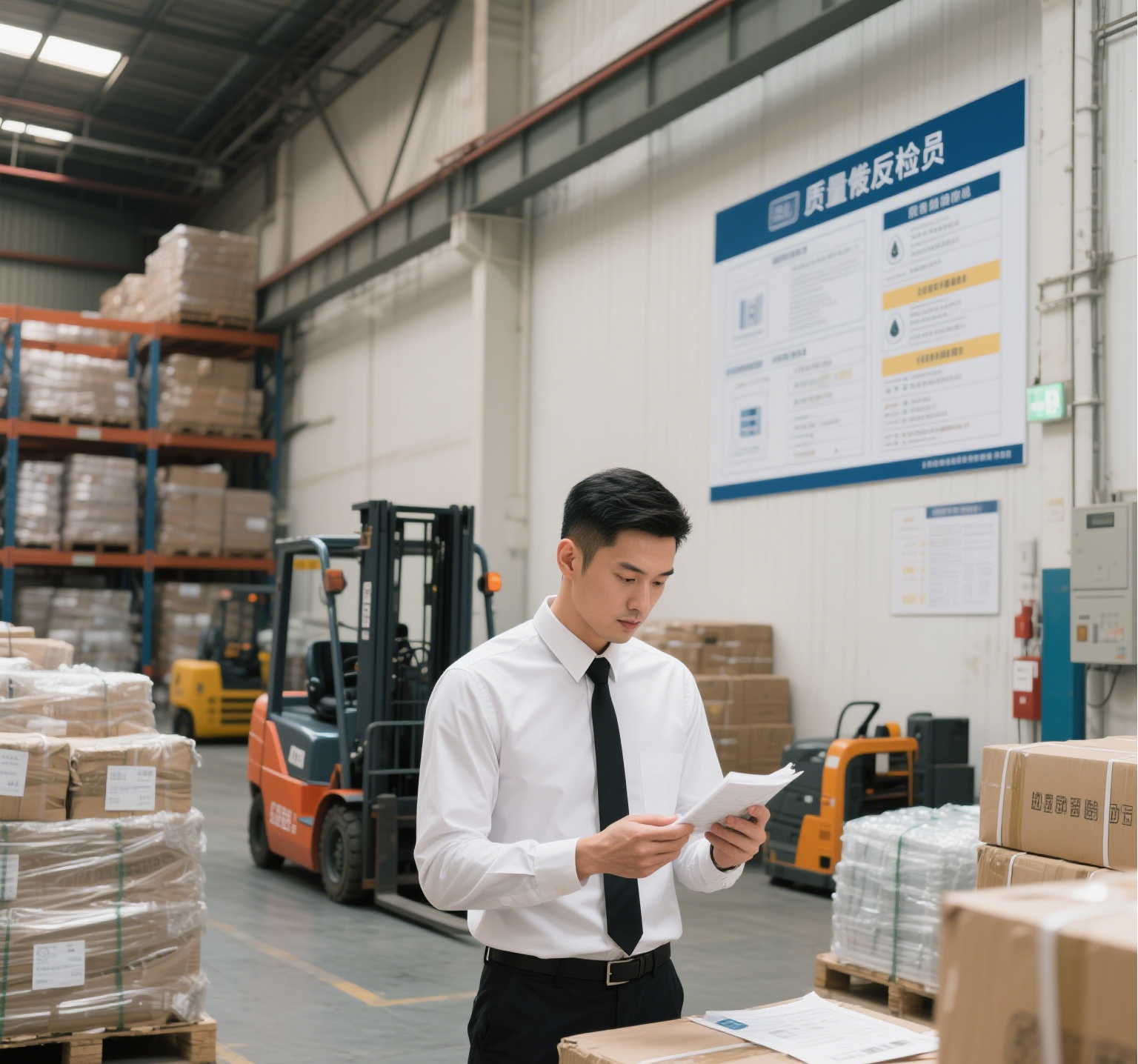 A man in a white shirt and black tie inspecting documents in a warehouse filled with stacked boxes and forklifts.