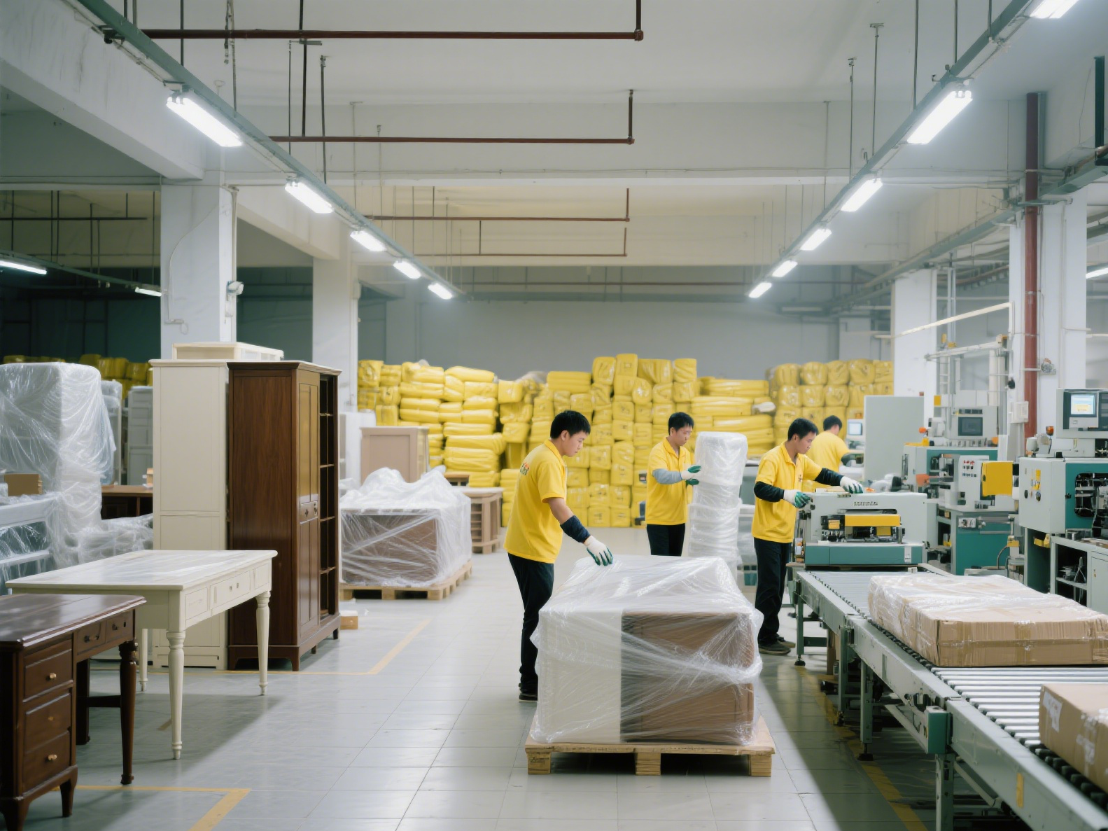 Warehouse workers in yellow uniforms packaging furniture on conveyor belts, with stacks of yellow foam padding in the background.