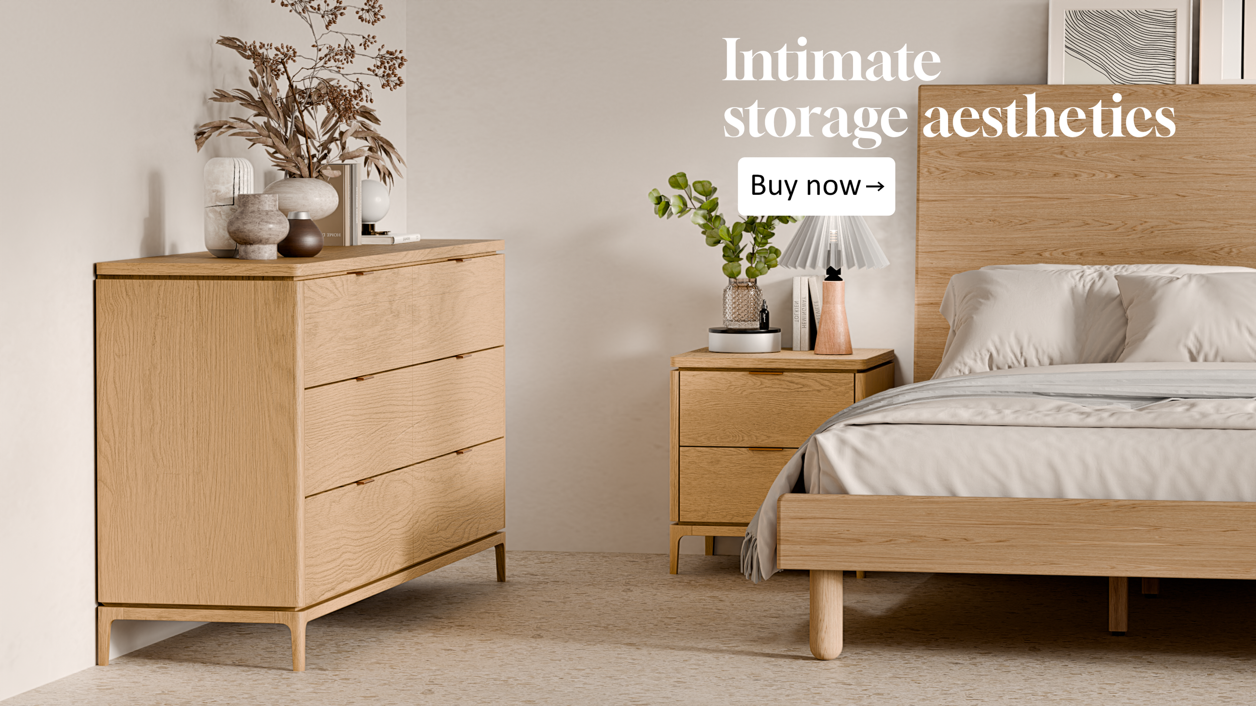 A bedroom with wooden furniture, including a dresser and nightstand, decorated with vases, plants, and a lamp. The bedding is cream-colored. There is a framed piece of art on the wall, and text overlay says "Design Meets Intention" with a button labe