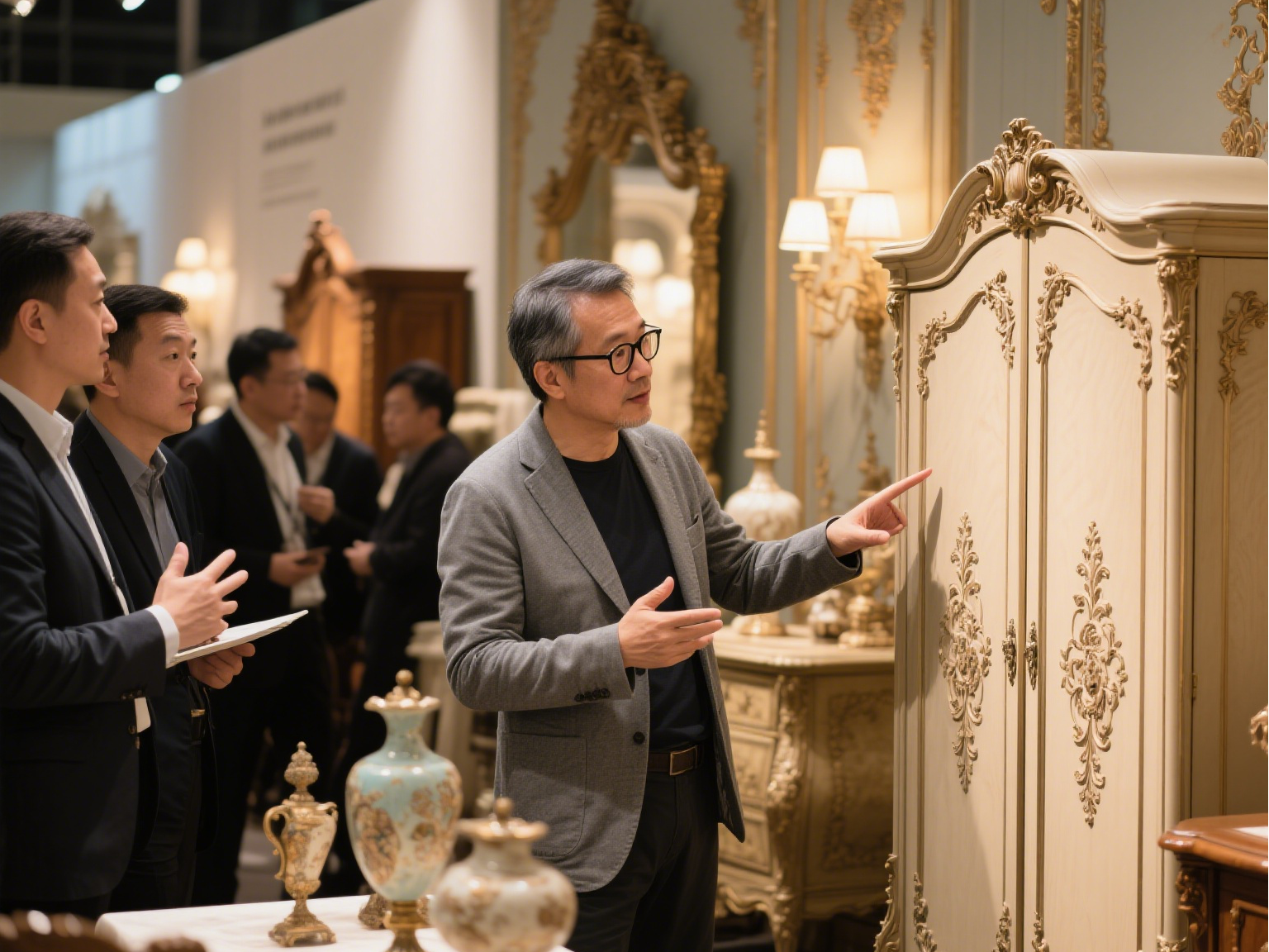 A man in a gray blazer and black glasses is pointing at an ornate cream-colored wardrobe with gold accents, while a group of people listens attentively in a luxurious furniture showroom.