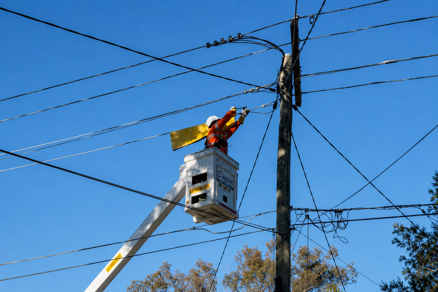 Level 2 ASP completing overhead electrical service work from an EWP in Sydney