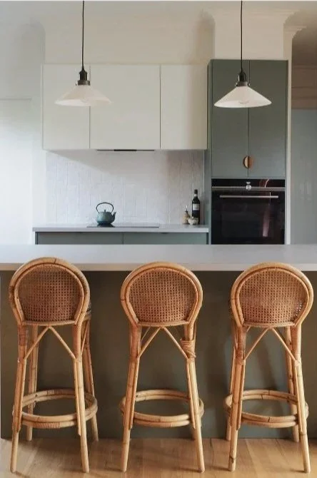 Laminex Green Slate cabinets with white textural tiled splashback, cottage inspired pendant lights and Tasmanian Oak timber floors. 