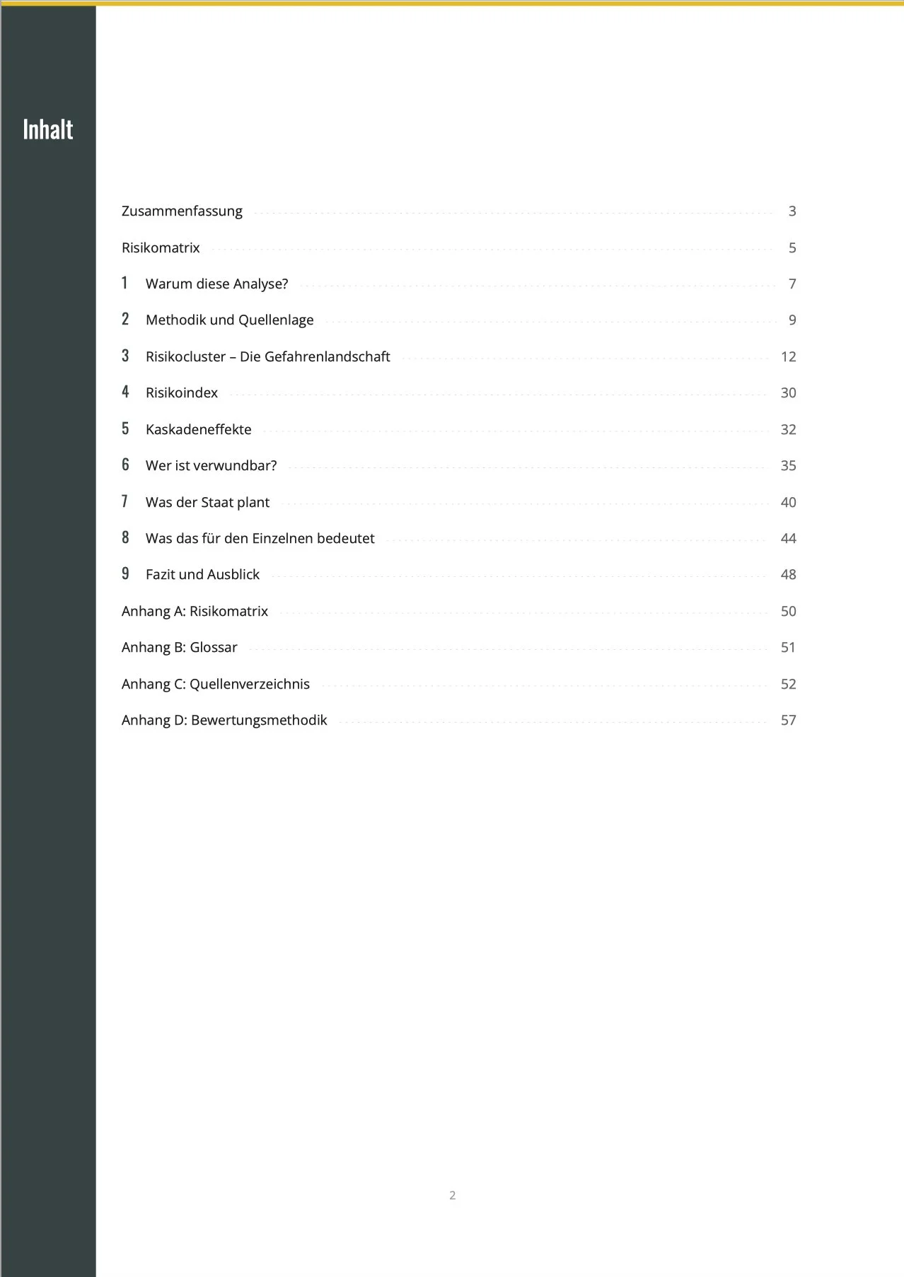 Inhaltsverzeichnis der Risikoanalyse für Deutschland 2026-2023