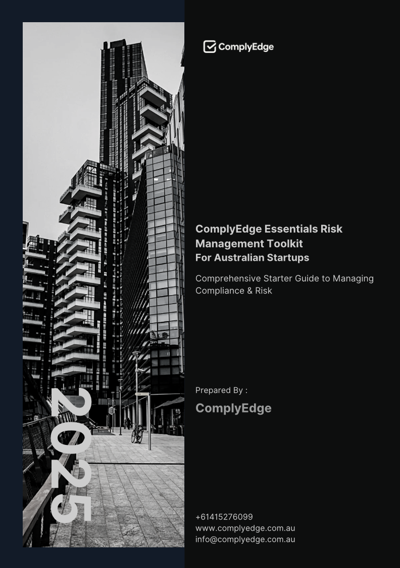 Black and white cover page of a risk management toolkit booklet featuring a cityscape with modern high-rise buildings and a sidewalk with a bicycle and pedestrians, titled "ComplyEdge Essentials Risk Management Toolkit For Australian Startups" with contact information at the bottom.