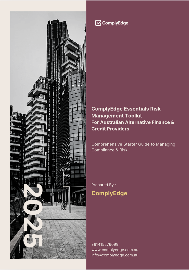 Cover page of a risk management toolkit with a black and white photo of high-rise buildings and a purple section with white and yellow text for ComplyEdge, dated 2025, and contact information.