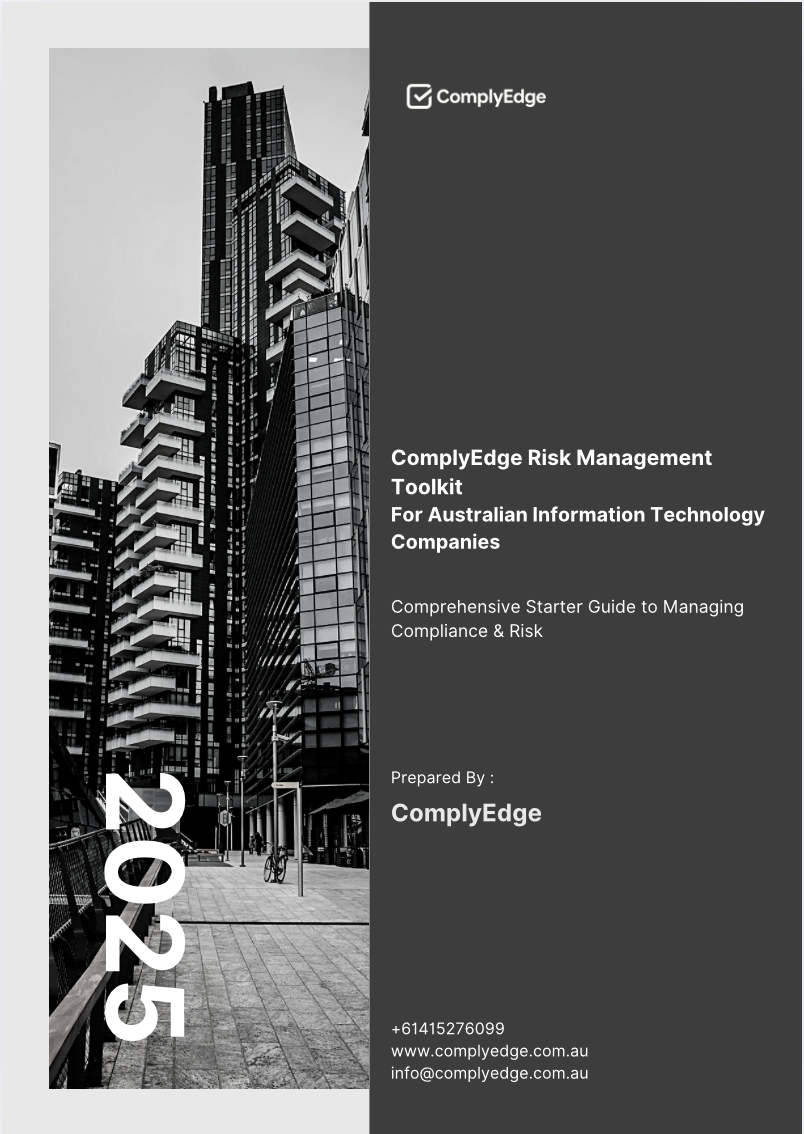 Cover page of a risk management toolkit booklet with a black and white cityscape photograph of modern buildings and a pedestrian walkway, featuring large white text reading "2025" and smaller text with the title and contact information of ComplyEdge.