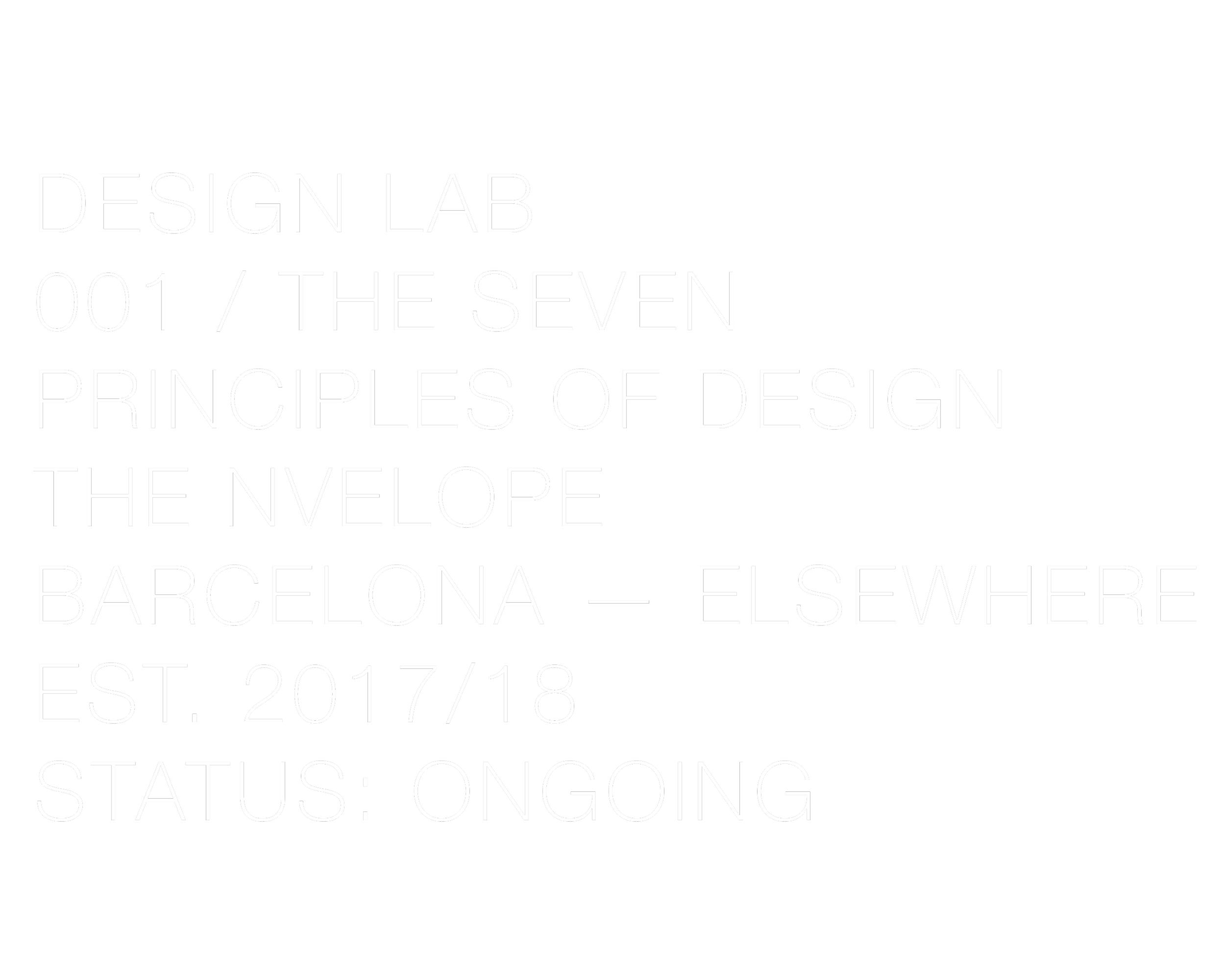 Black background with white text displaying information about Design Lab 001, focused on the seven principles of design, located in Barcelona, established in 2017, and status ongoing.