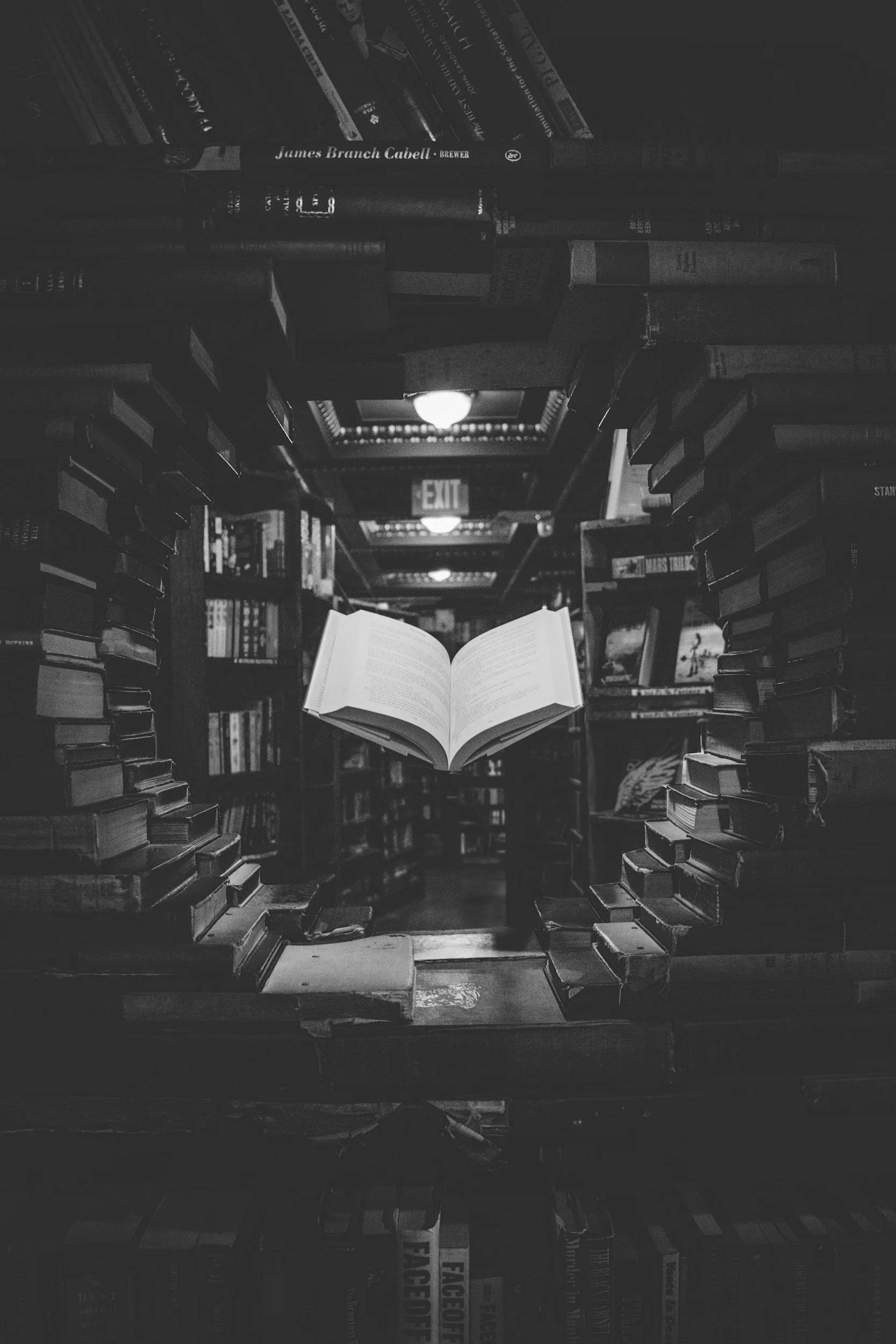 Stacked books in a library.