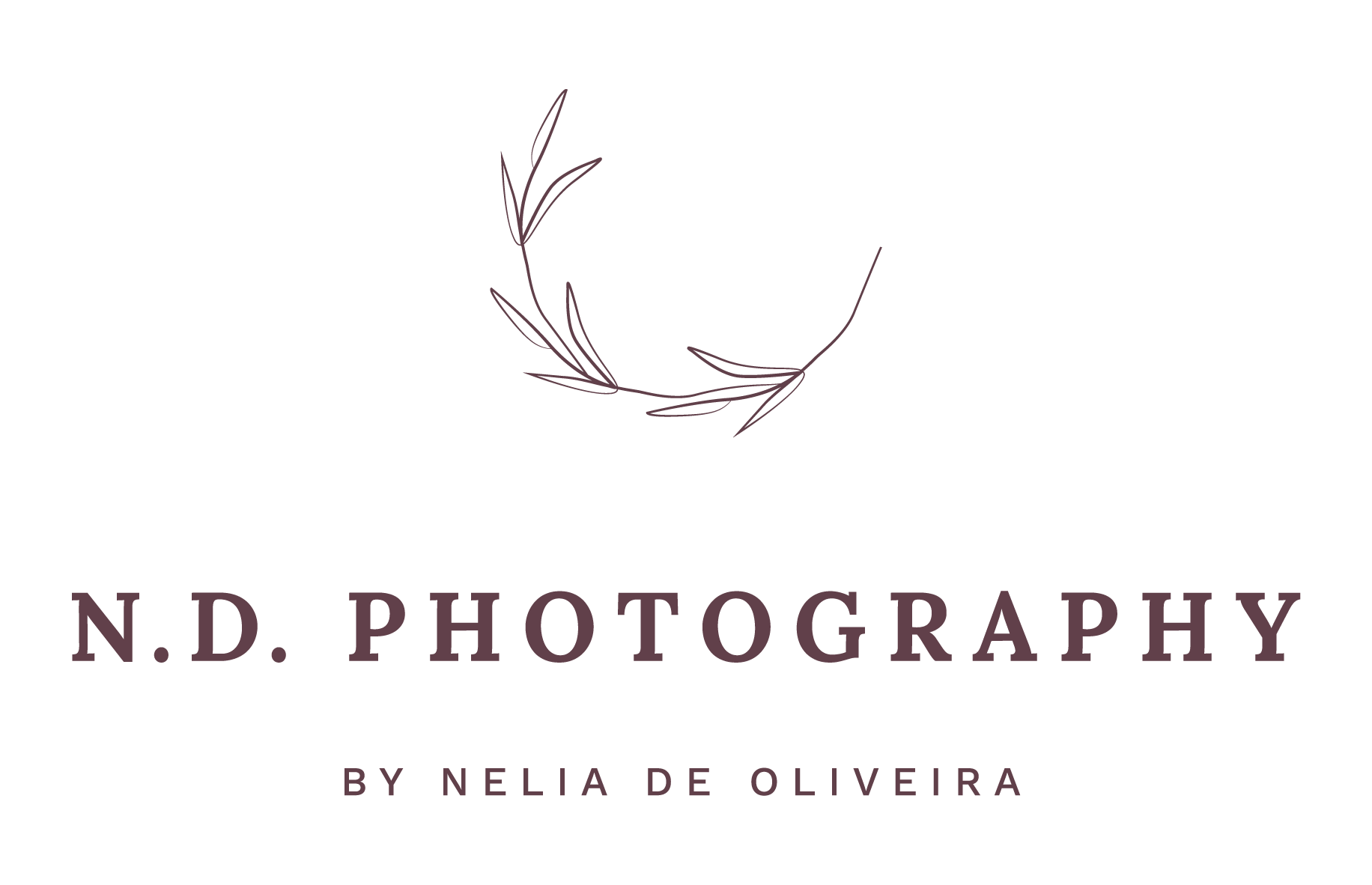 A logo for N.D. Photography by Nelia de Oliveira featuring a minimalist branch illustration with purple text.