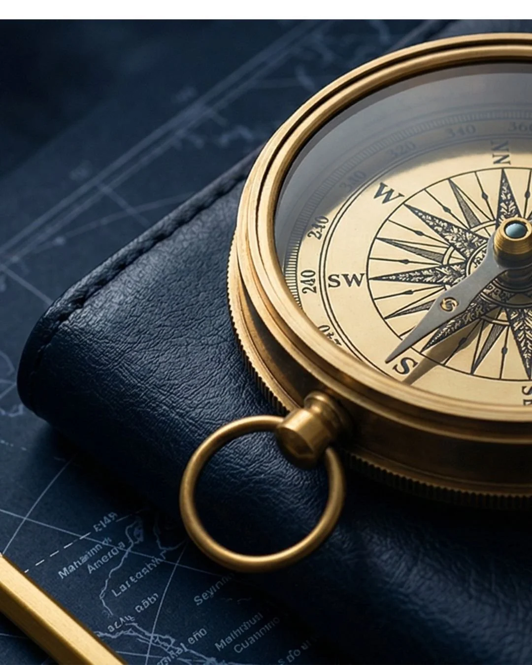 A vintage brass compass resting on a dark, textured surface, partially covering a nautical chart. Compass BUILD