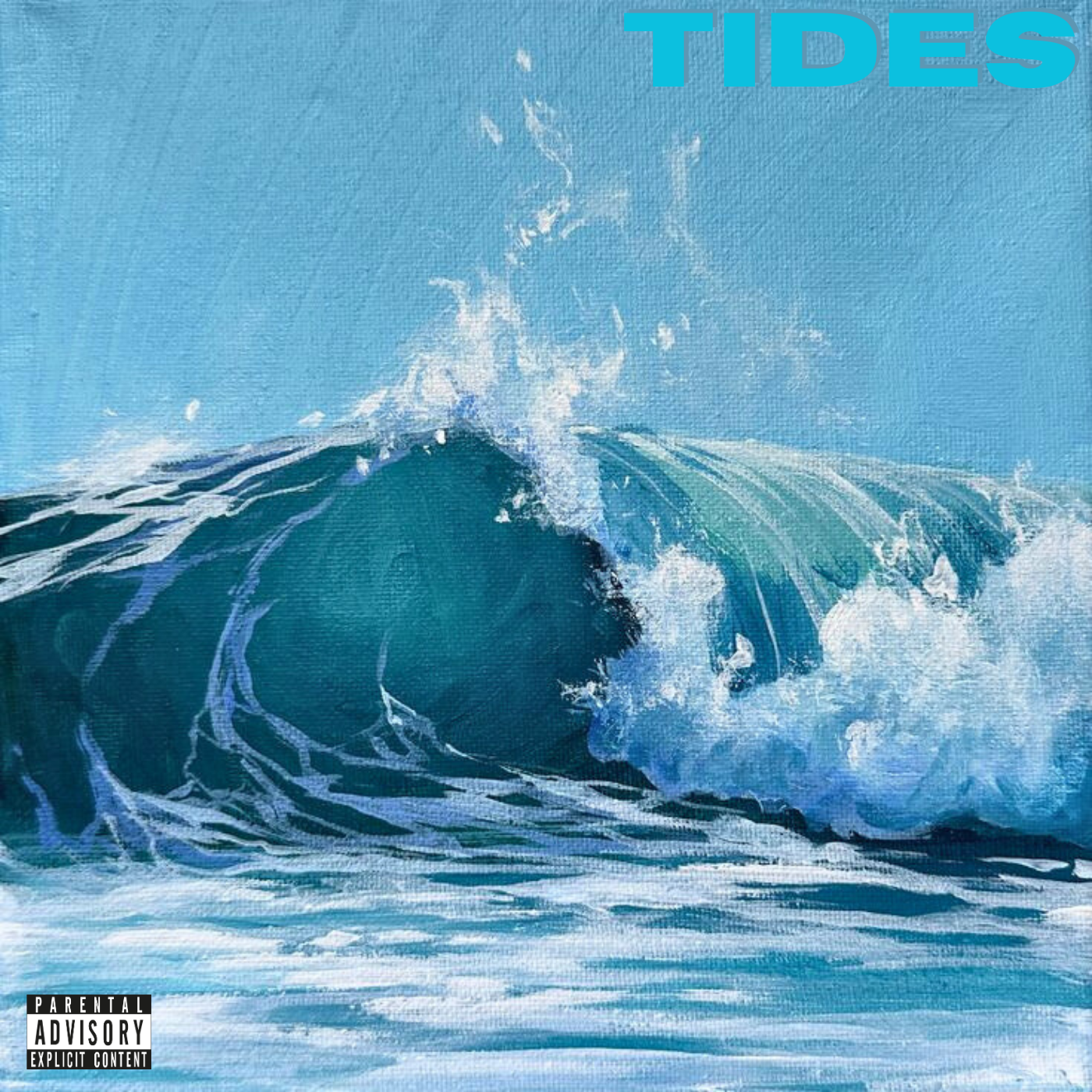 Painting of an ocean wave with the word 'TIDES' in large blue letters at the top right corner.