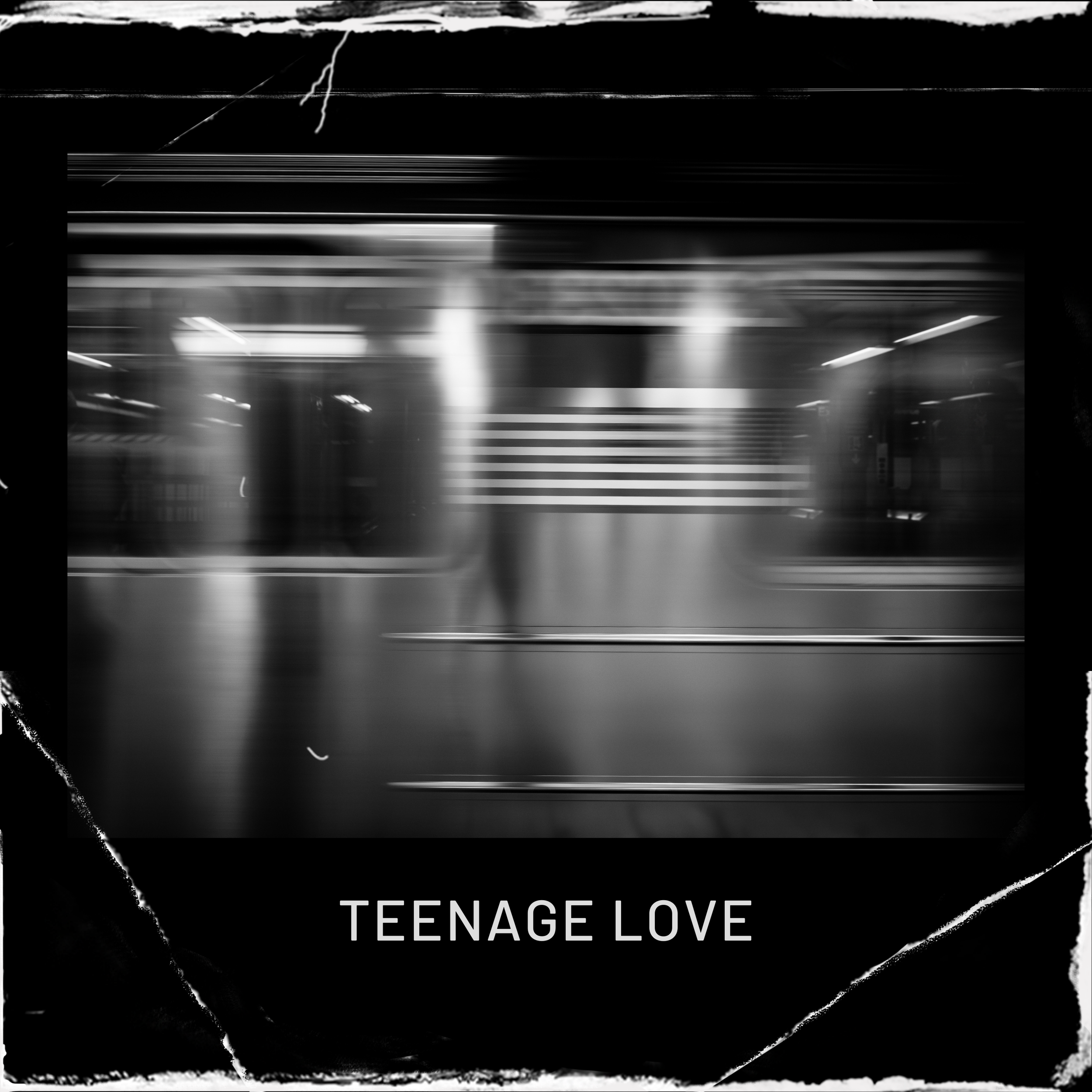 A blurred black and white photograph of a subway or train station with the text 'TEENAGE LOVE' at the bottom.