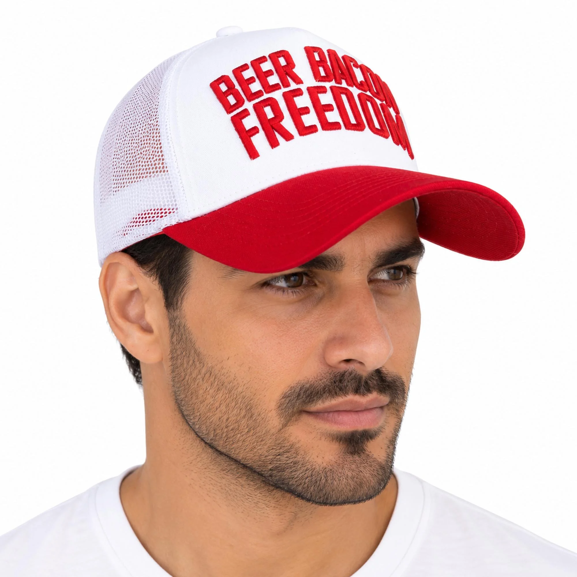 Beer Bacon Freedom | Mesh Baseball Cap | Snapback | 5 Panel | White & Red