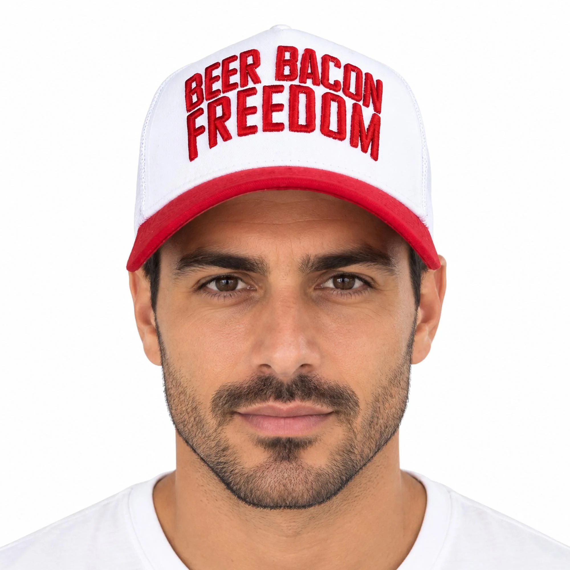 Beer Bacon Freedom | Snapback | Mesh Baseball Cap | 5 Panel | White & Red