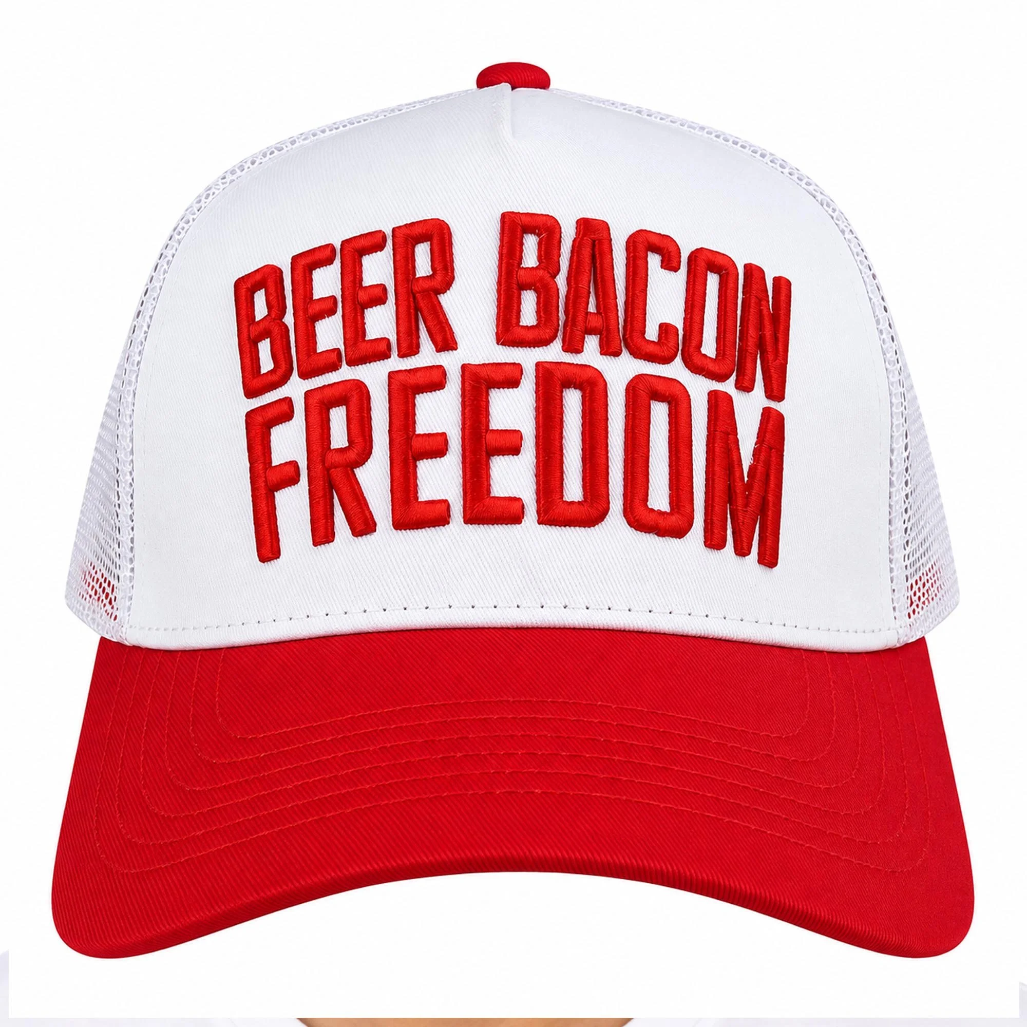 Beer Bacon Freedom | Mesh Baseball Cap | Snapback | 5 Panel | White & Red