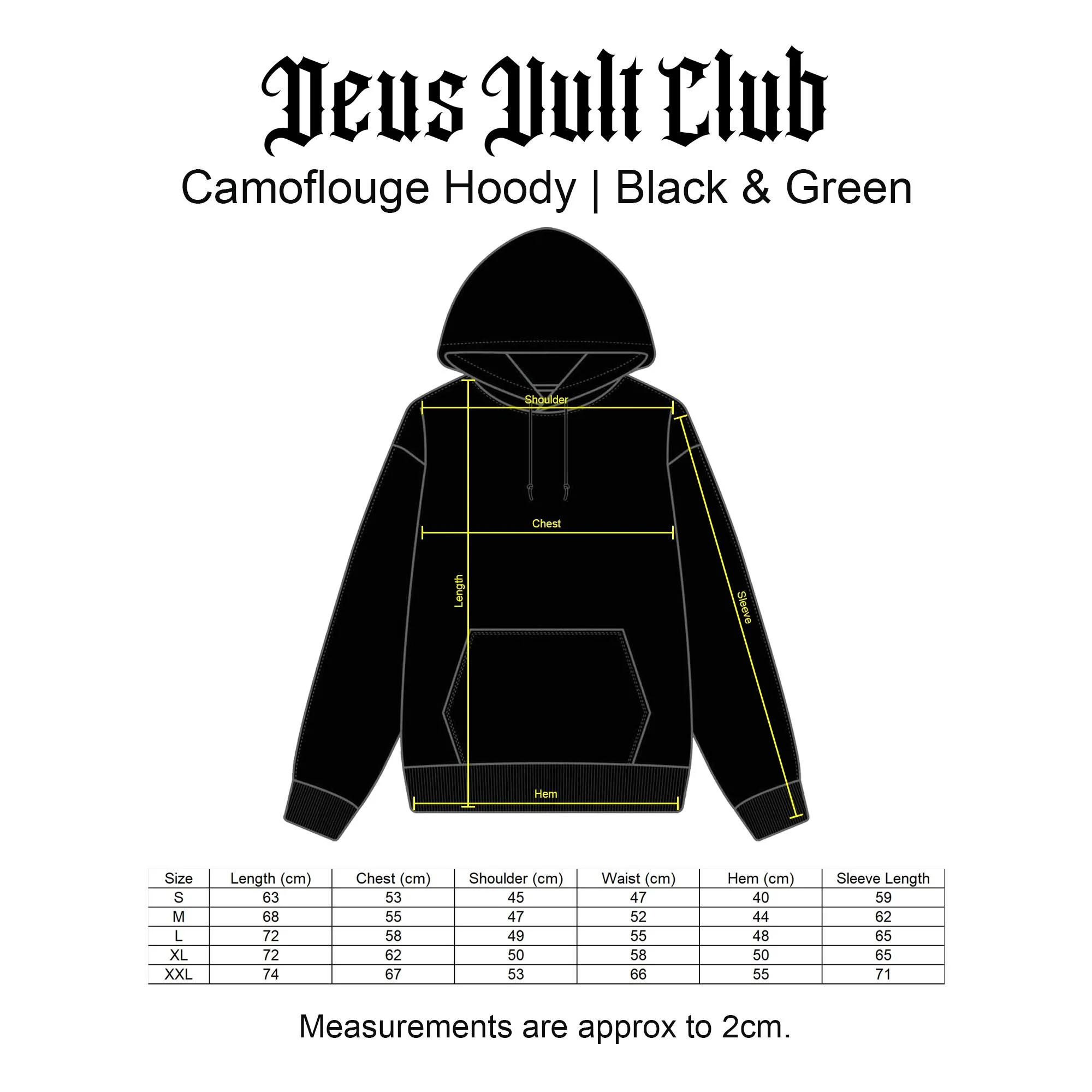 Deus Vult Club Camouflage Hoody Black & Green Size Chart