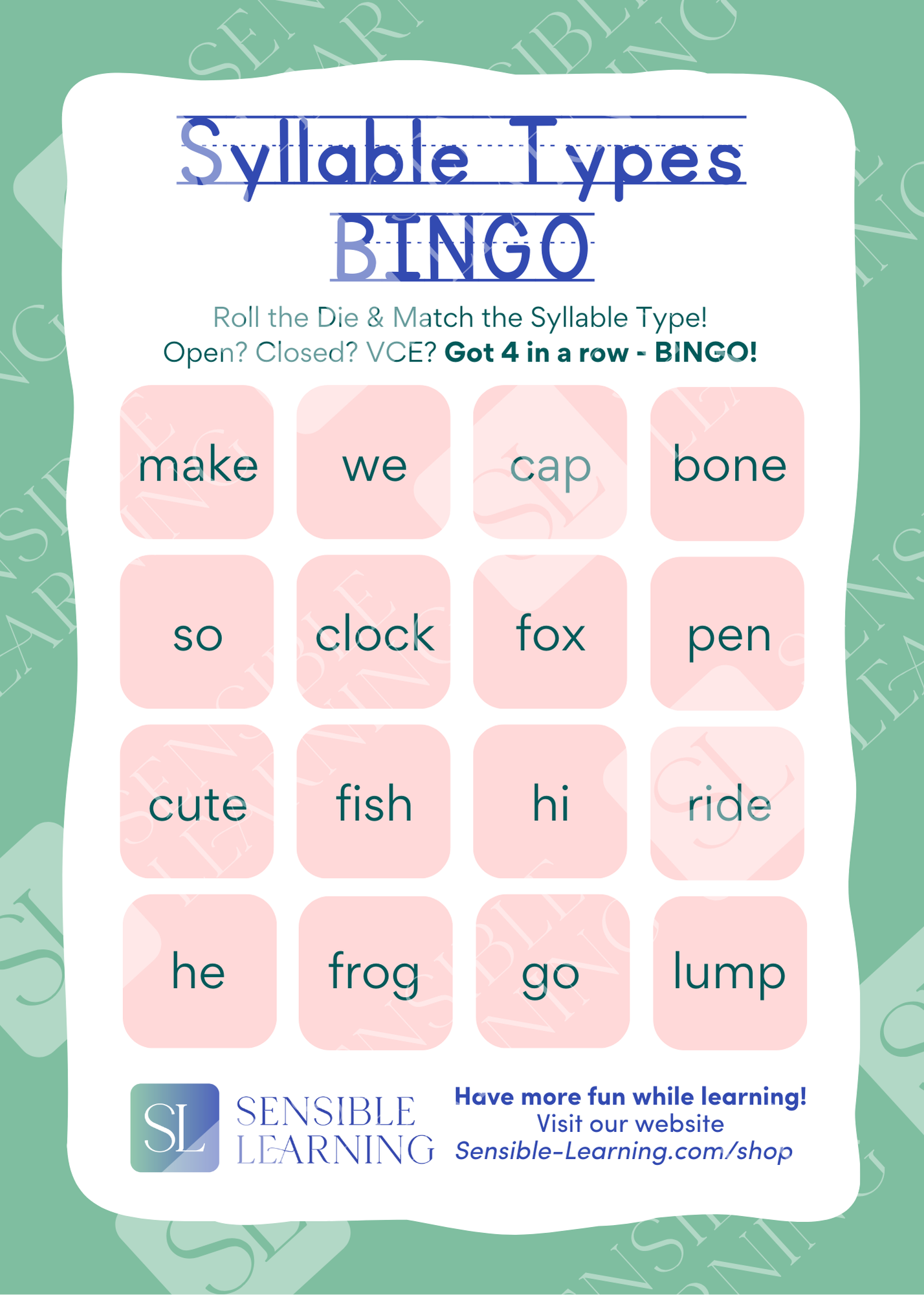 Syllable Types BINGO