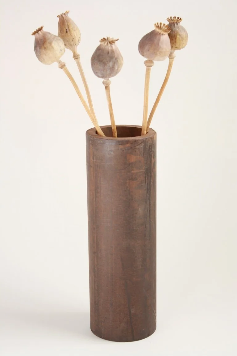VERMONTICA DOM Vase — Studio chic wabi-sabi mountain modern patinated steel vase in Vervoordt's refined rustic style. Sharon, VT.